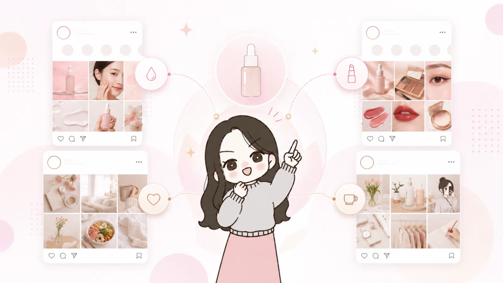切り口の異なる4つのInstagramアカウントに、同じ商品を展開するイメージ